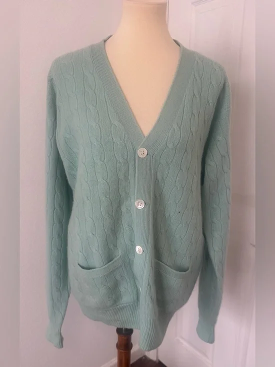 Vtg Polo Ralph Lauren Cashmere Cable Knit Cardigan Mint Green Size 40 Med READ - Picture 1 of 12